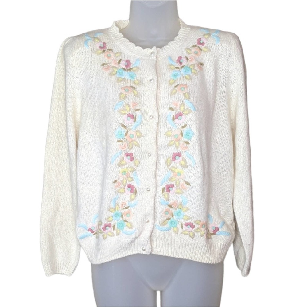 Vintage Floral Embroidered Silk Blend Cardigan Medium Angora Wool Memphis Jones